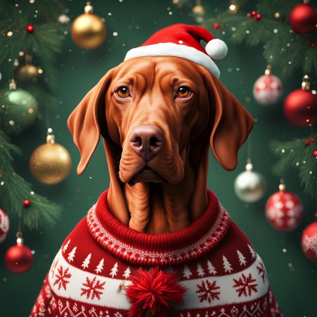 Vizsla in Ugly Christmas Sweater: Digital Art