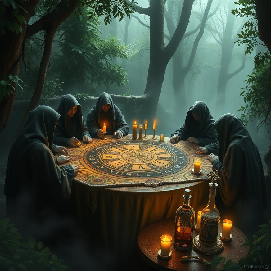 A Pagan Scenery of a Seance Sessie 
using a  Detailed Quija board Board with letters and and yes and no buttons, Table w...