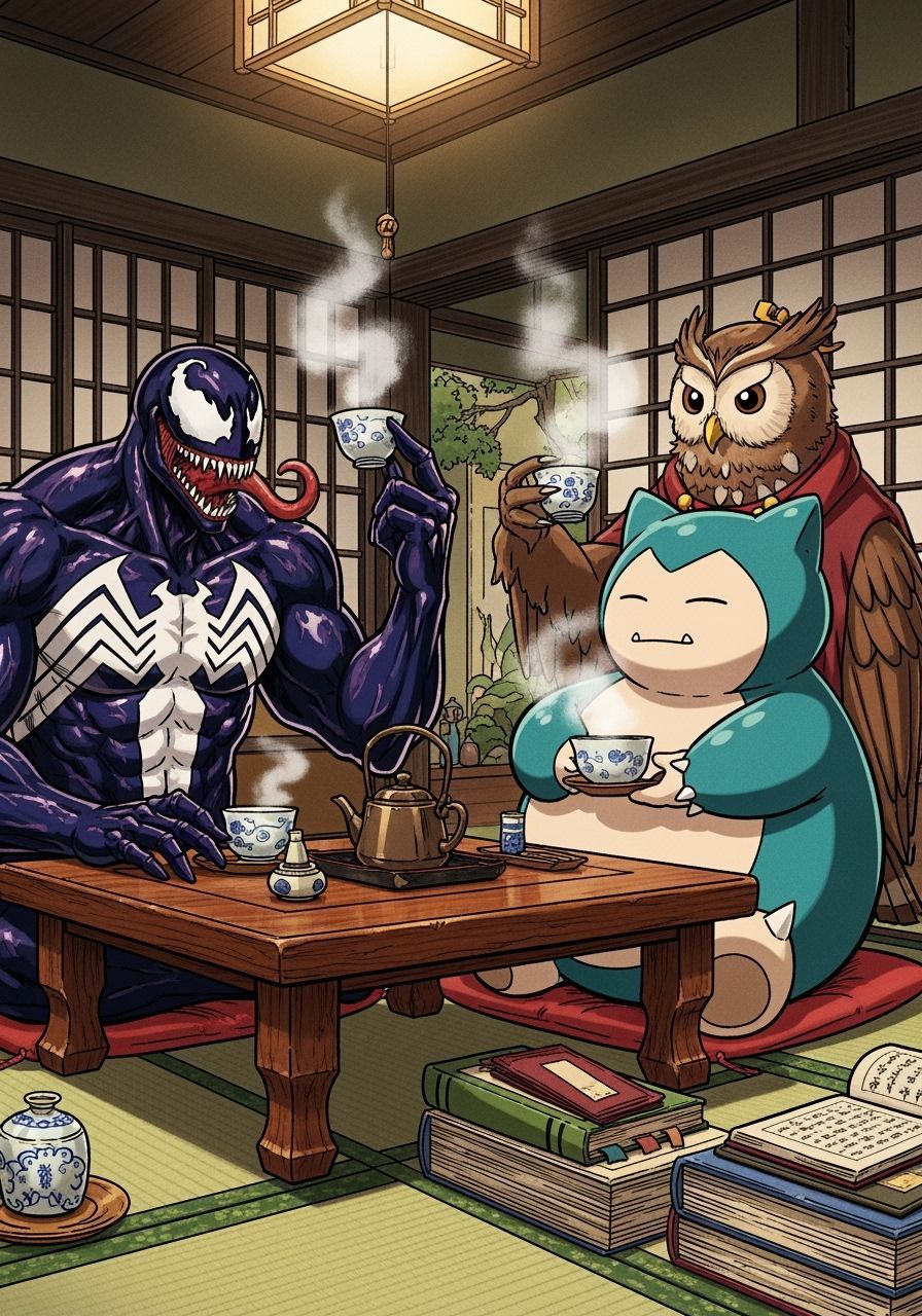 Venom, Snorlax, and Wan Shi Tong Drink Tea in Anime Style
