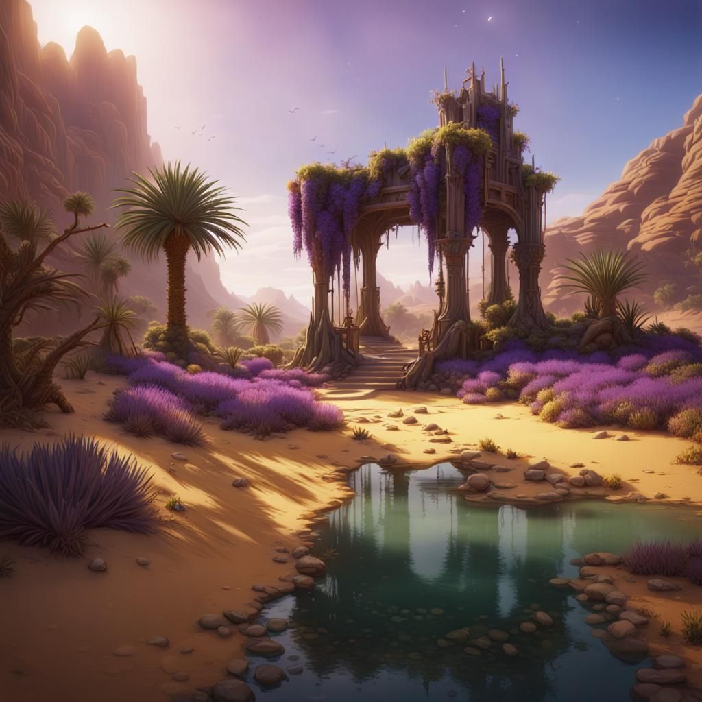 Lush Desert Oasis: Dark Fantasy Concept Art