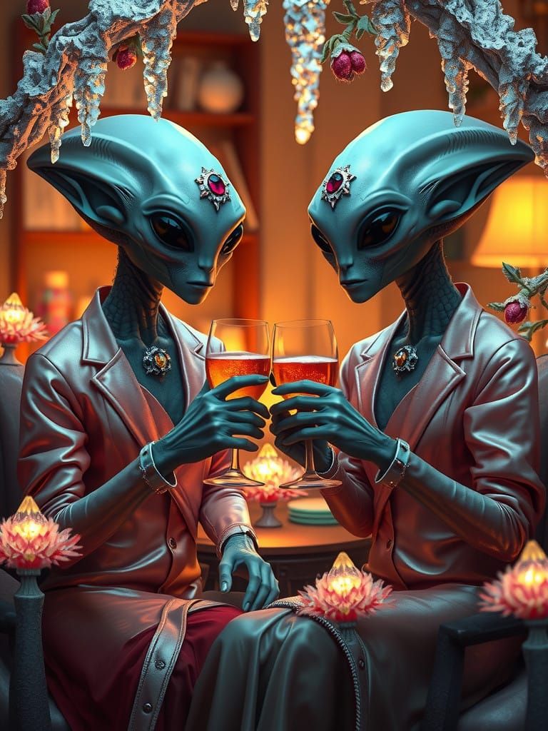 Elegant Aliens Celebrate Winter Festivities on Distant Plane...