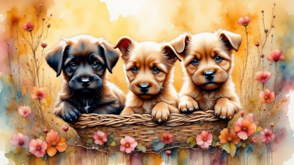 Charming Vintage-Style Puppies in a Wicker Basket