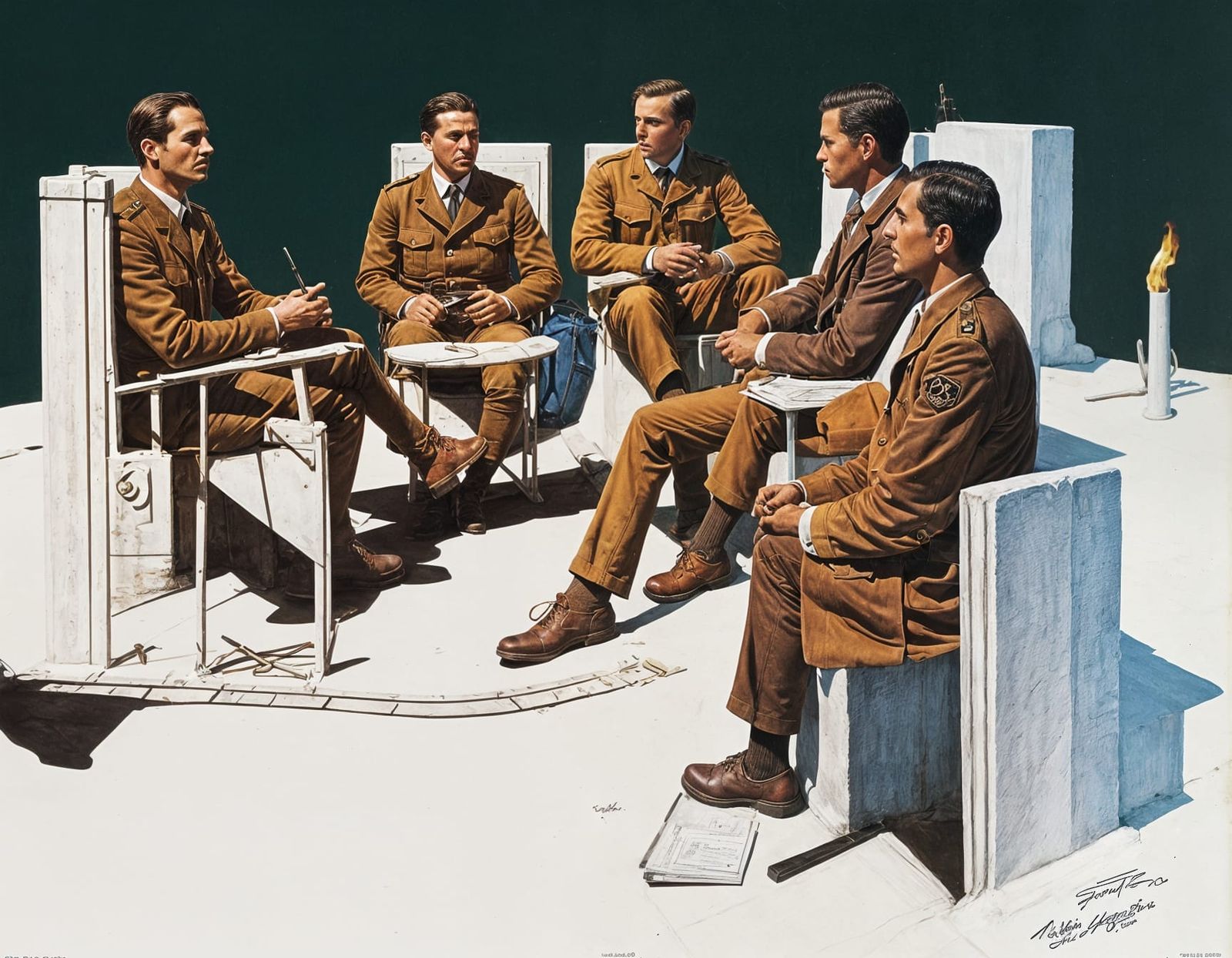 Men Gather by Firelight in Wartime Poster Style