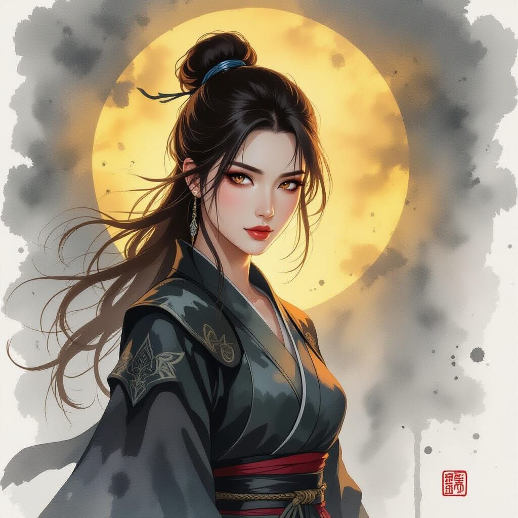 Ethereal Ink Wash Portrait of a Female Warrior