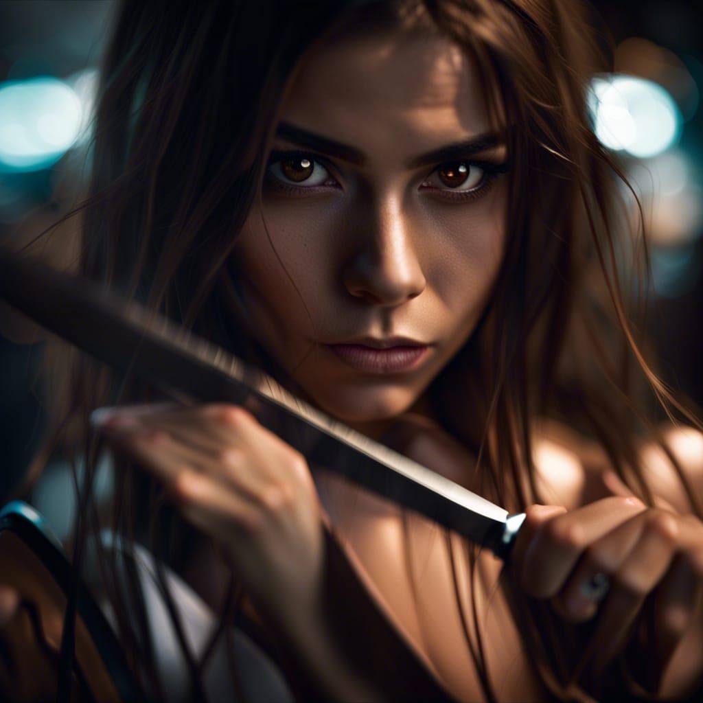 Menacing Girl with Knife in Sharp Focus