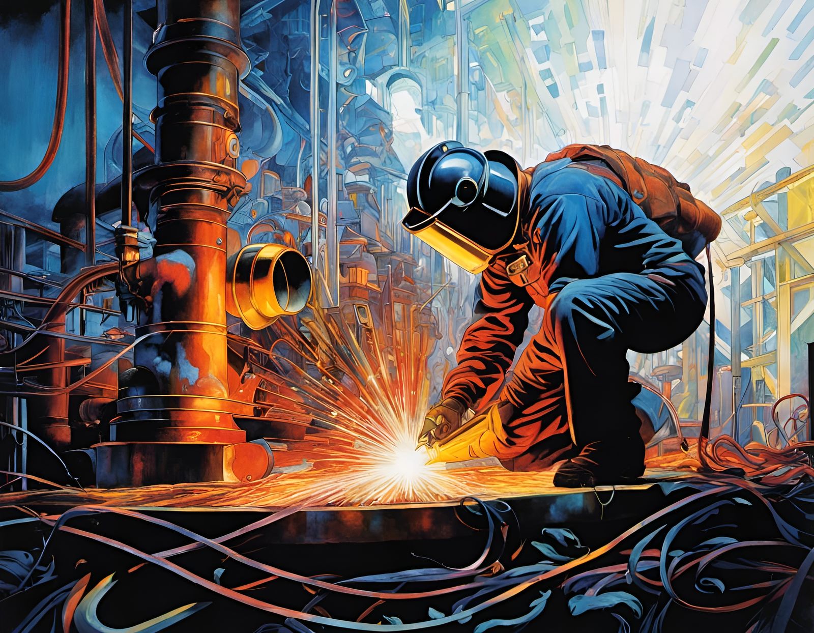 Pipe Welder at Work with Ethereal Glow