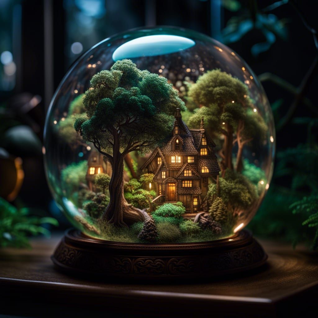 Enchanted Forest in Glass Sphere Under Thunderstorm