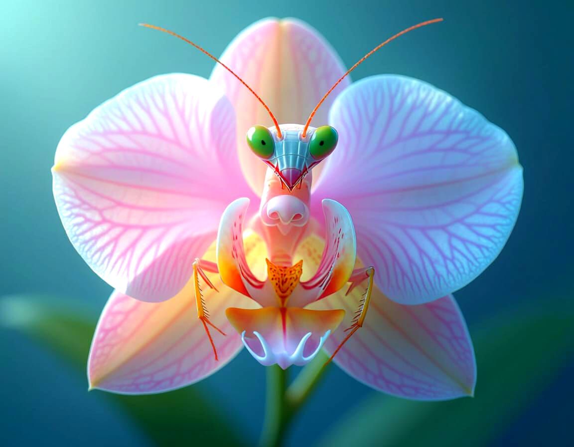 Praying Mantis Orchid Hybrid, Hyperrealistic 3D Render