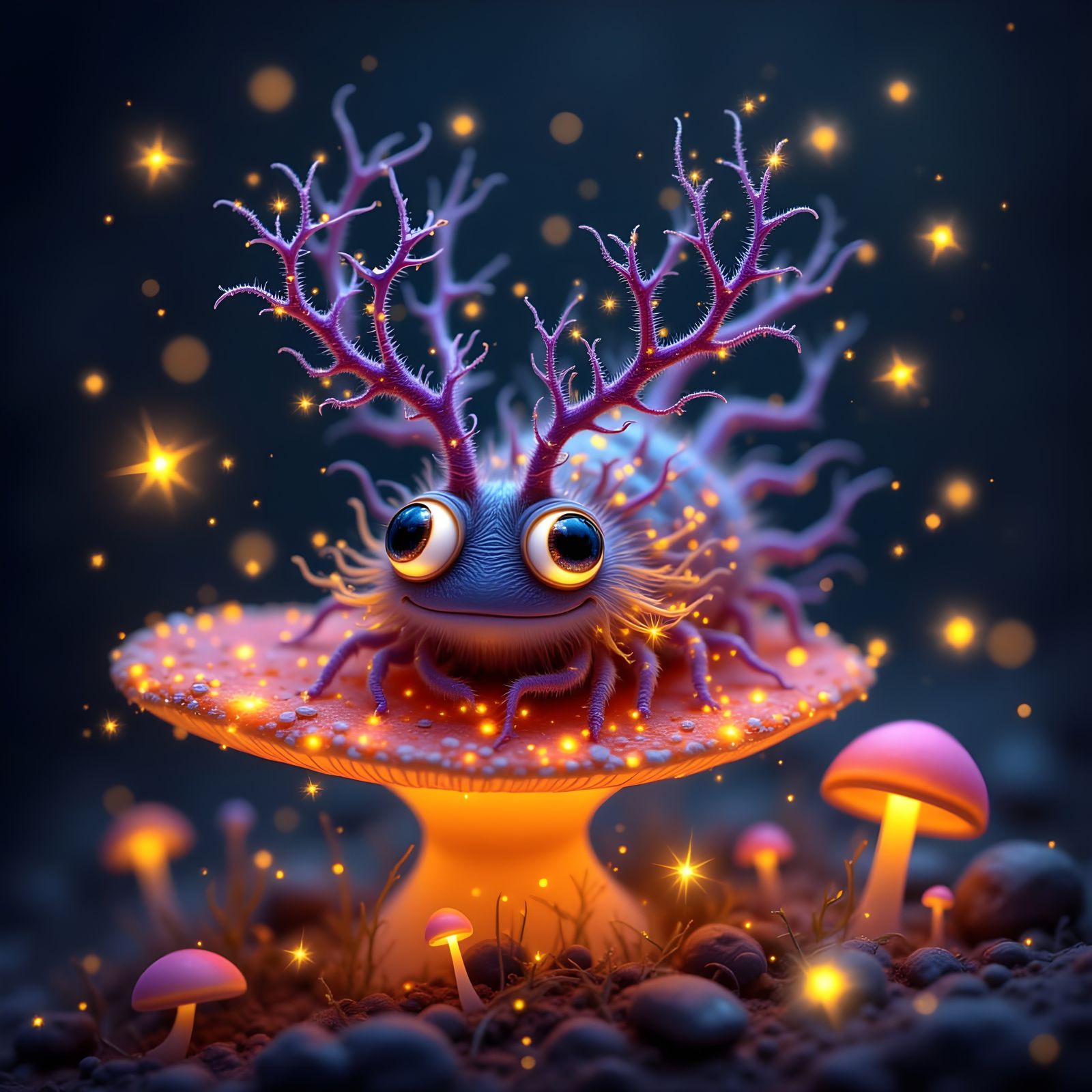 Happy Glowing Caterpillar on Mushroom