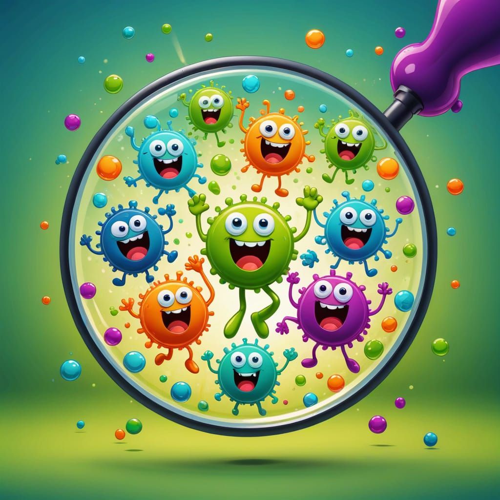 Joyful Microbes Dancing Under Magnifying Glass in Cartoon St...