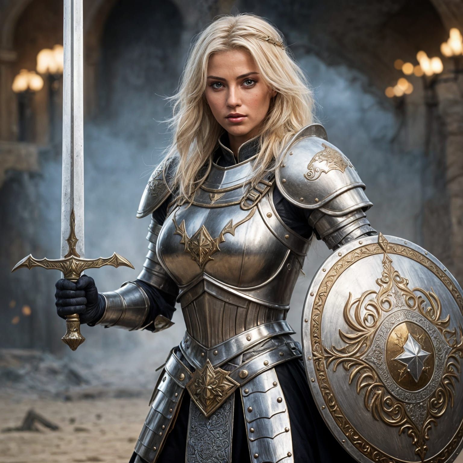 Elegant Blonde Knightess Wields Sword and Shield