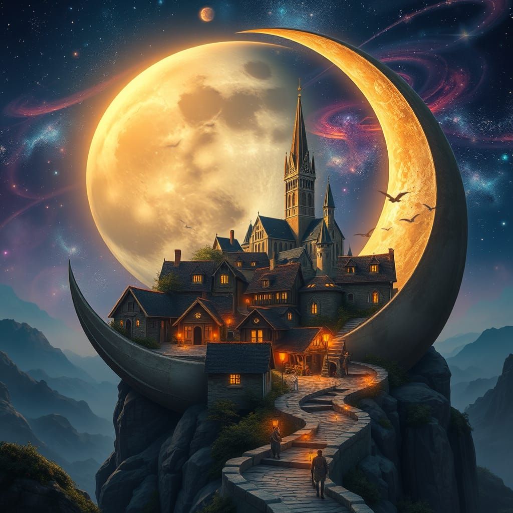 Enchanted Crescent Moon Village: A Whimsical Fairytale Scene