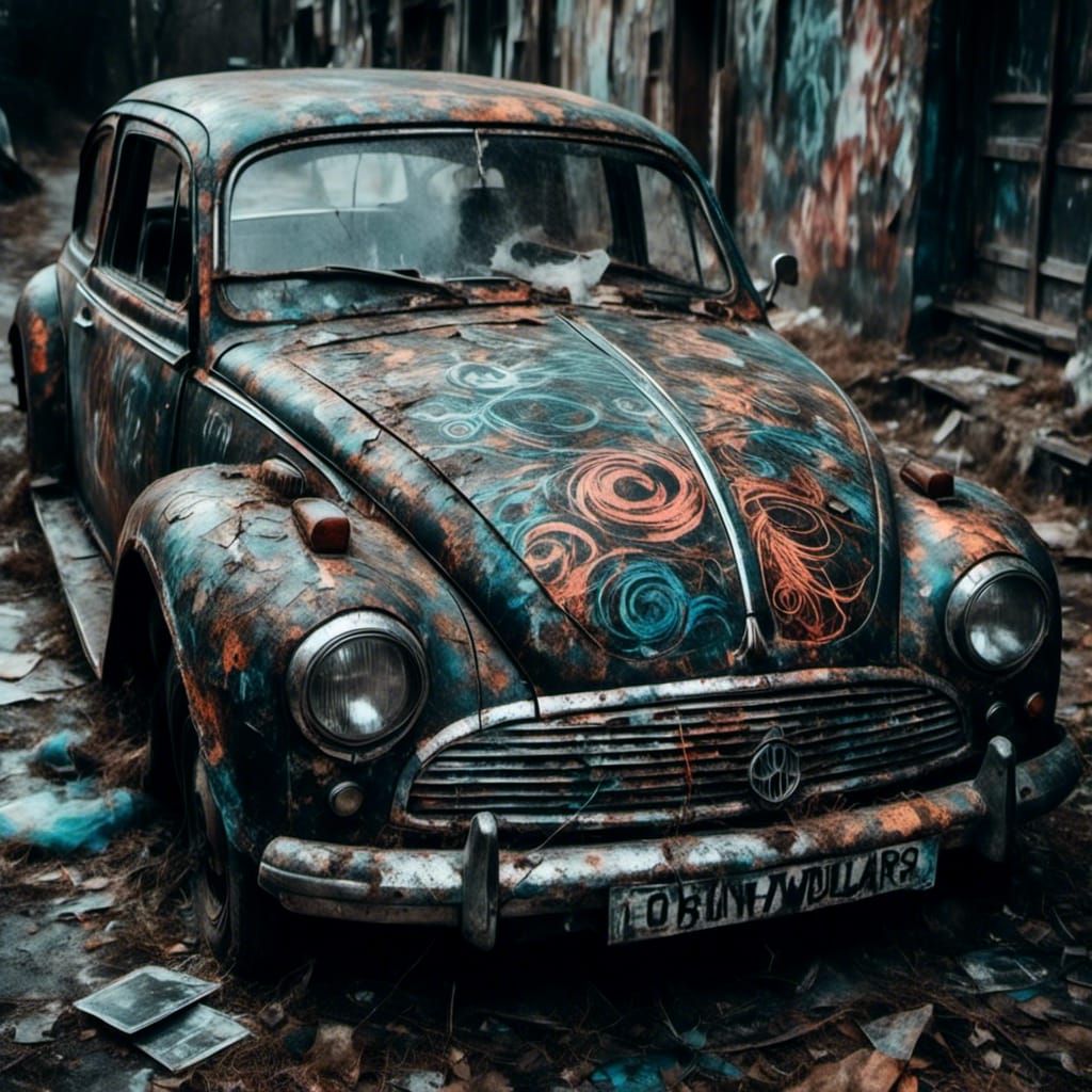 Old Car Covered in Spectral Graffiti Art