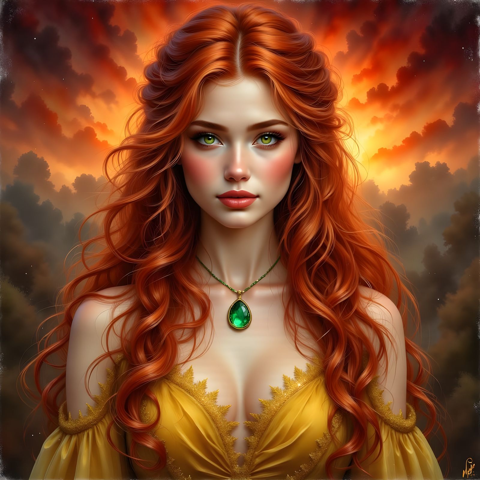 Norse Goddess Portrait with Red Hair and Sunset