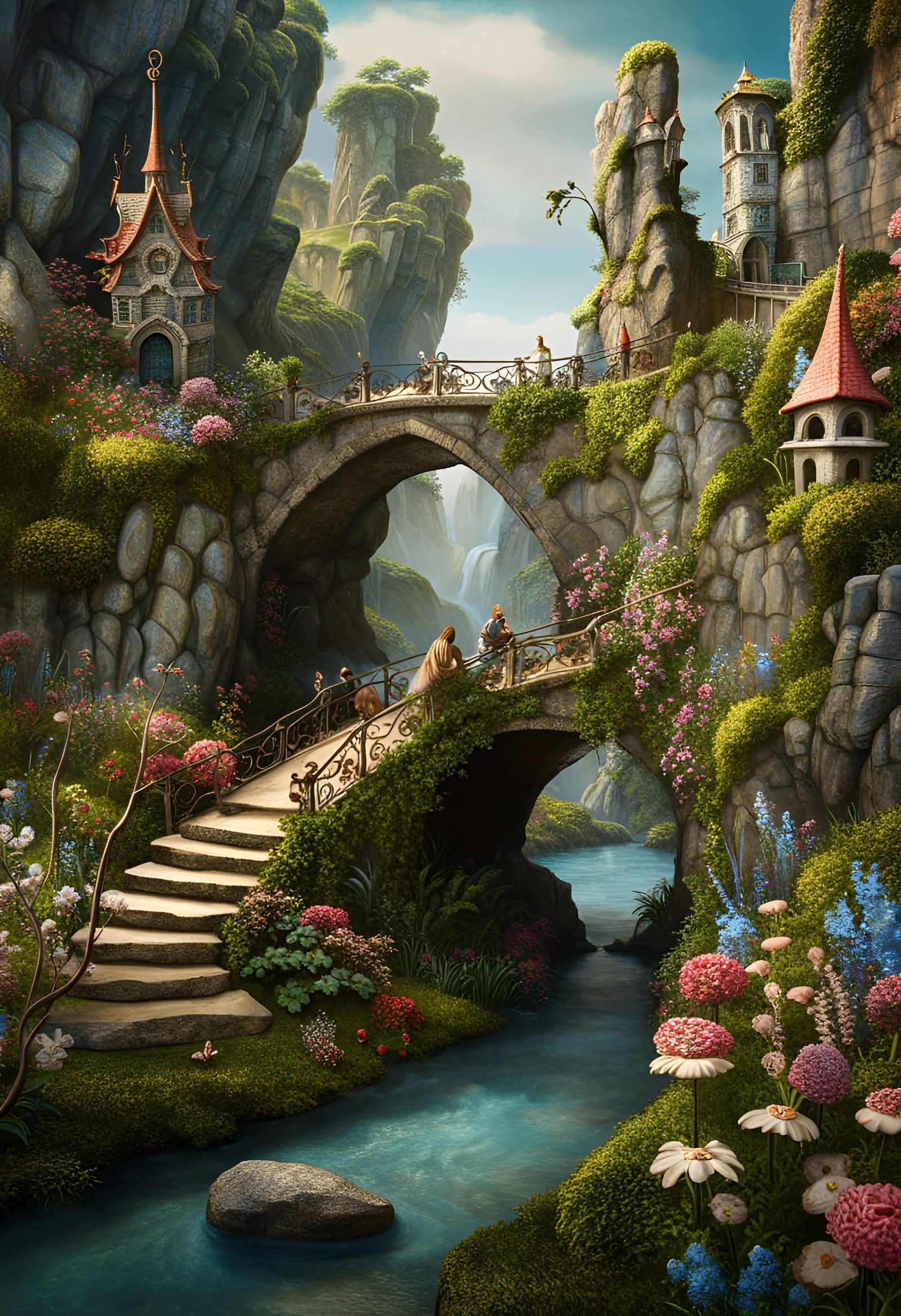 Fairytale Bridge Scene in Ornate Fantasy Landscape