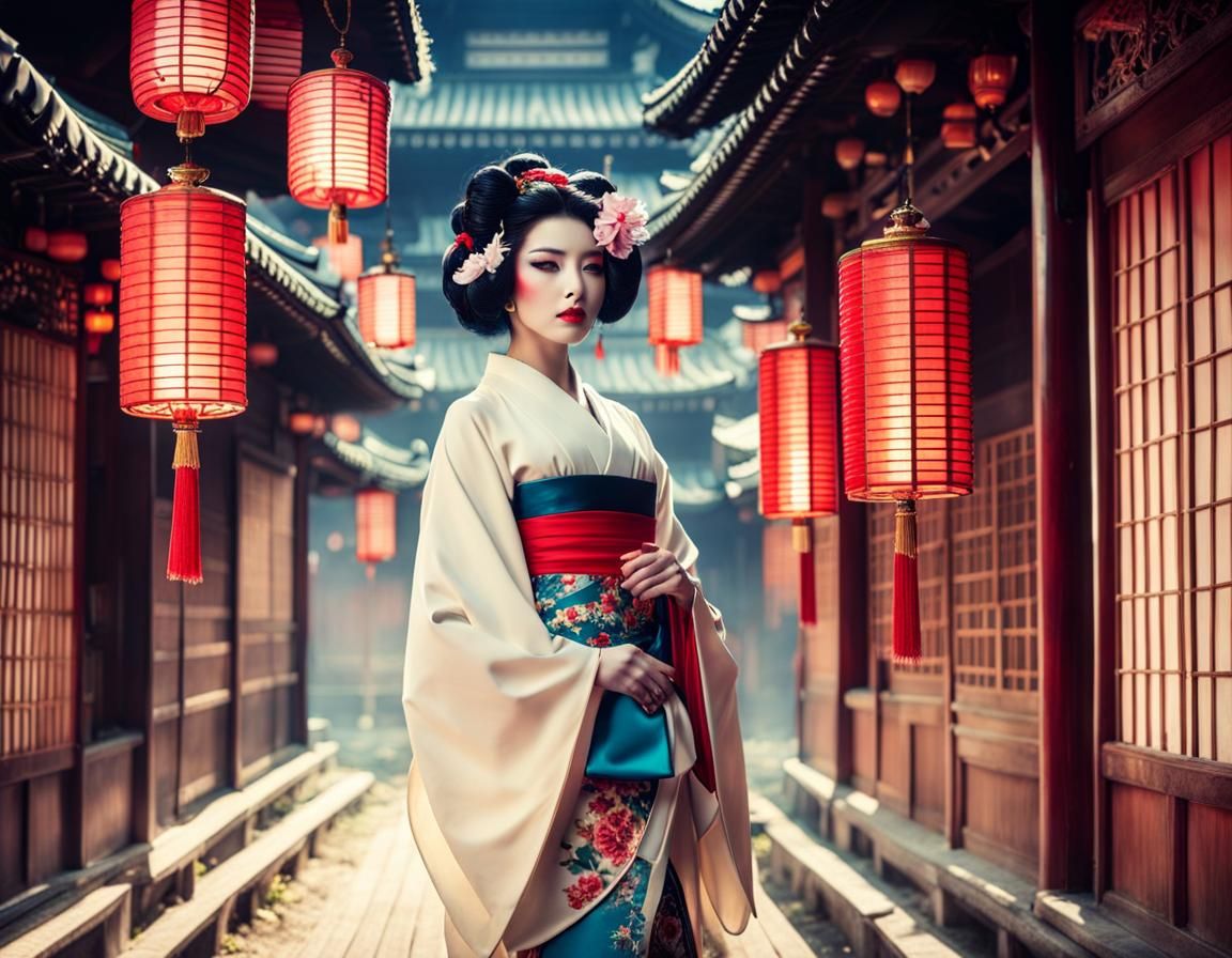 Colorful Geisha Portrait in Detailed Style