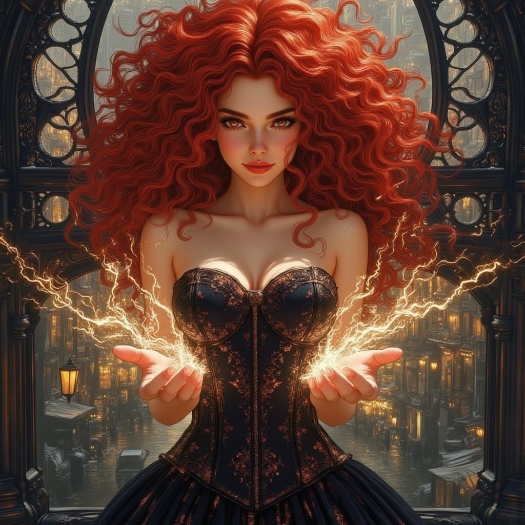 Redhead Sorceress Conjures Lightning in Dynamic Pose
