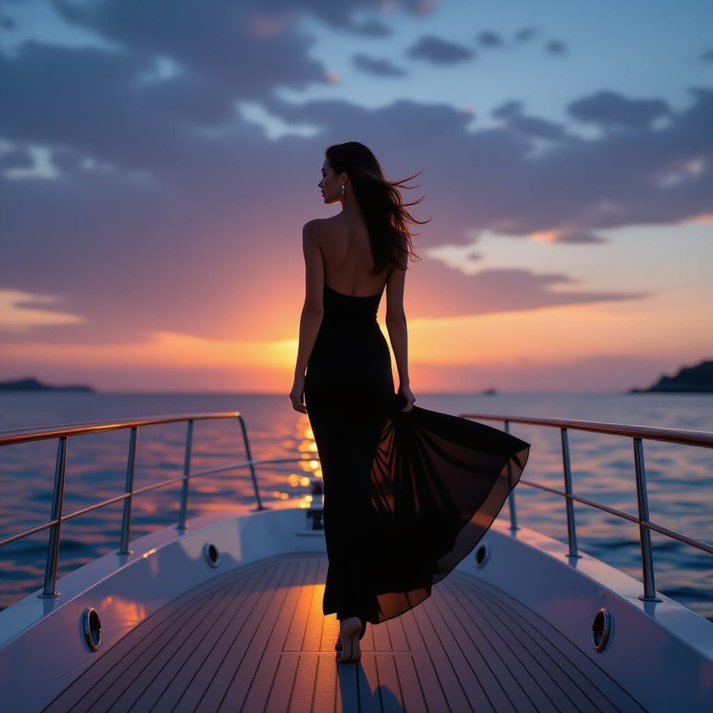 Woman on Yacht at Sunset in Film Noir Style
