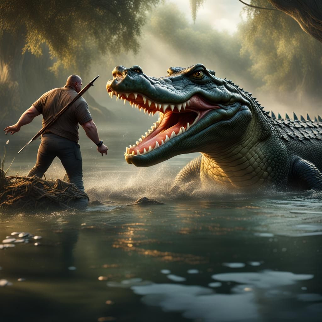 Alligator Battle: Detailed Matte Painting in 8K