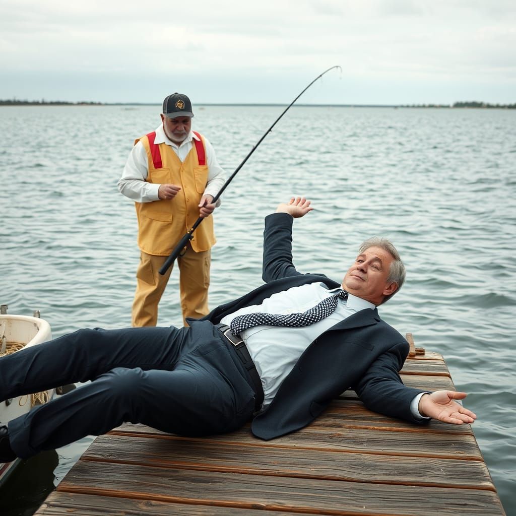 Business Man Mimics Fish on Dock