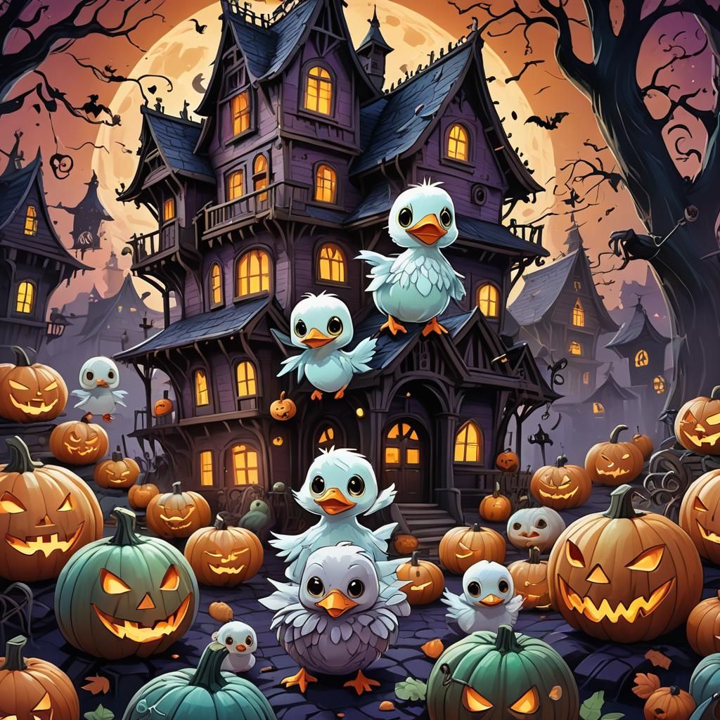 Whimsical Anime Halloween: Ducklings in a Haunted House