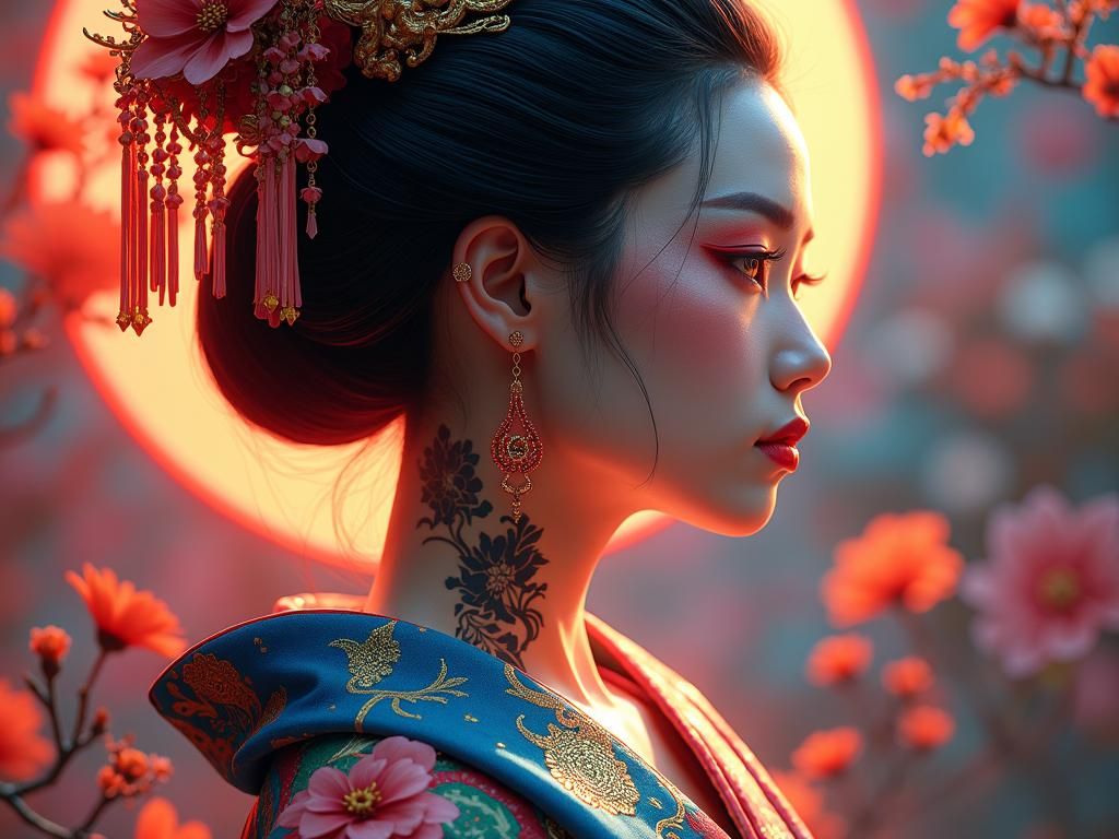 Geisha Warrior Portrait in Retrofuturism Style