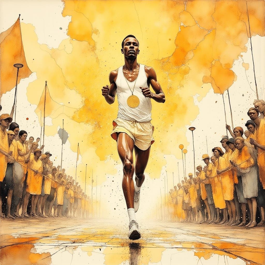 Runner Breaks Finish Line in Ink Wash Painting