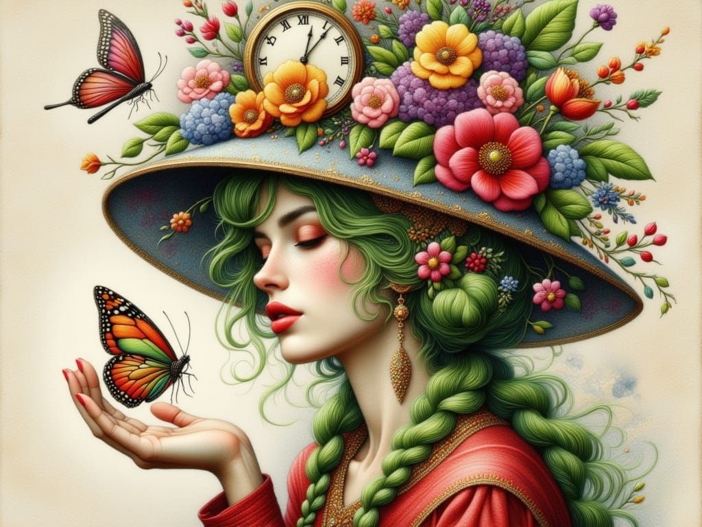 Woman Adorned with Vibrant Floral Hat in Whimsical Embroider...