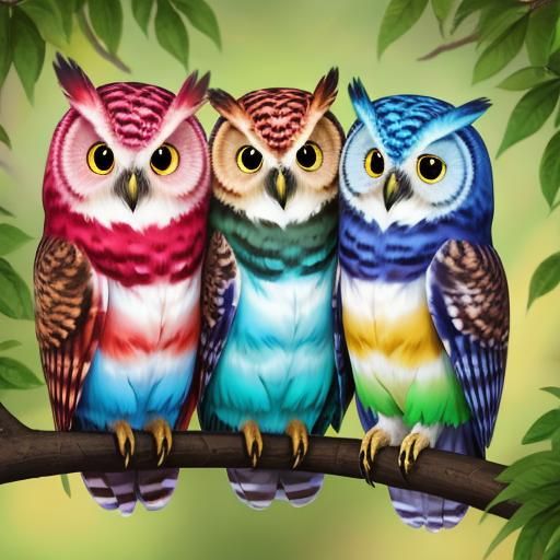 Colorful Fluffy Owls on a Branch