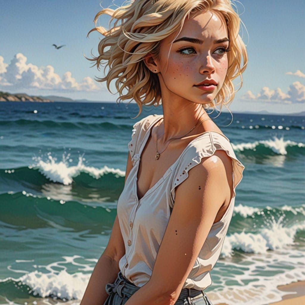 Blonde and in cartoon ink drawing