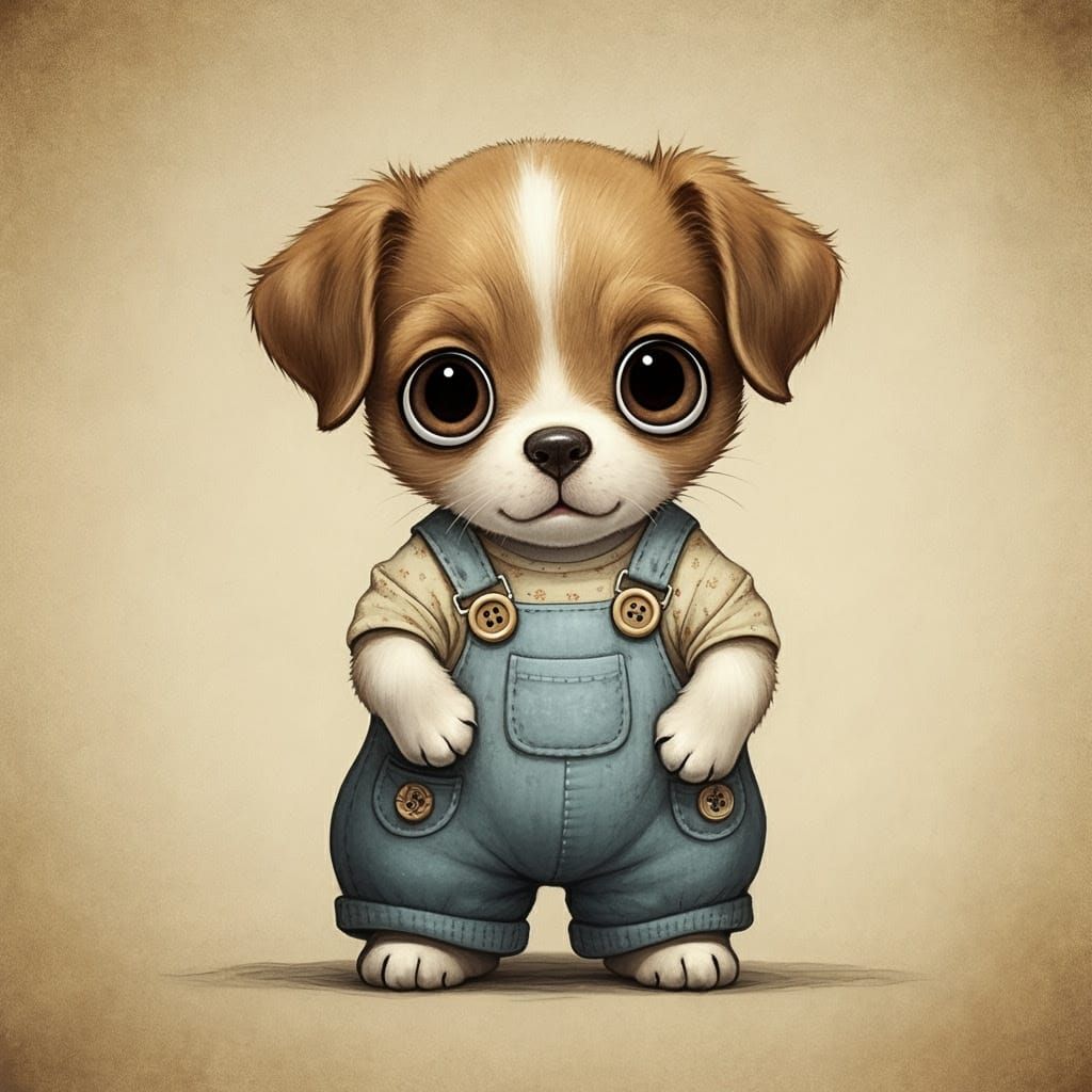 Adorable Puppy with Overall in Storybook Illustration Style