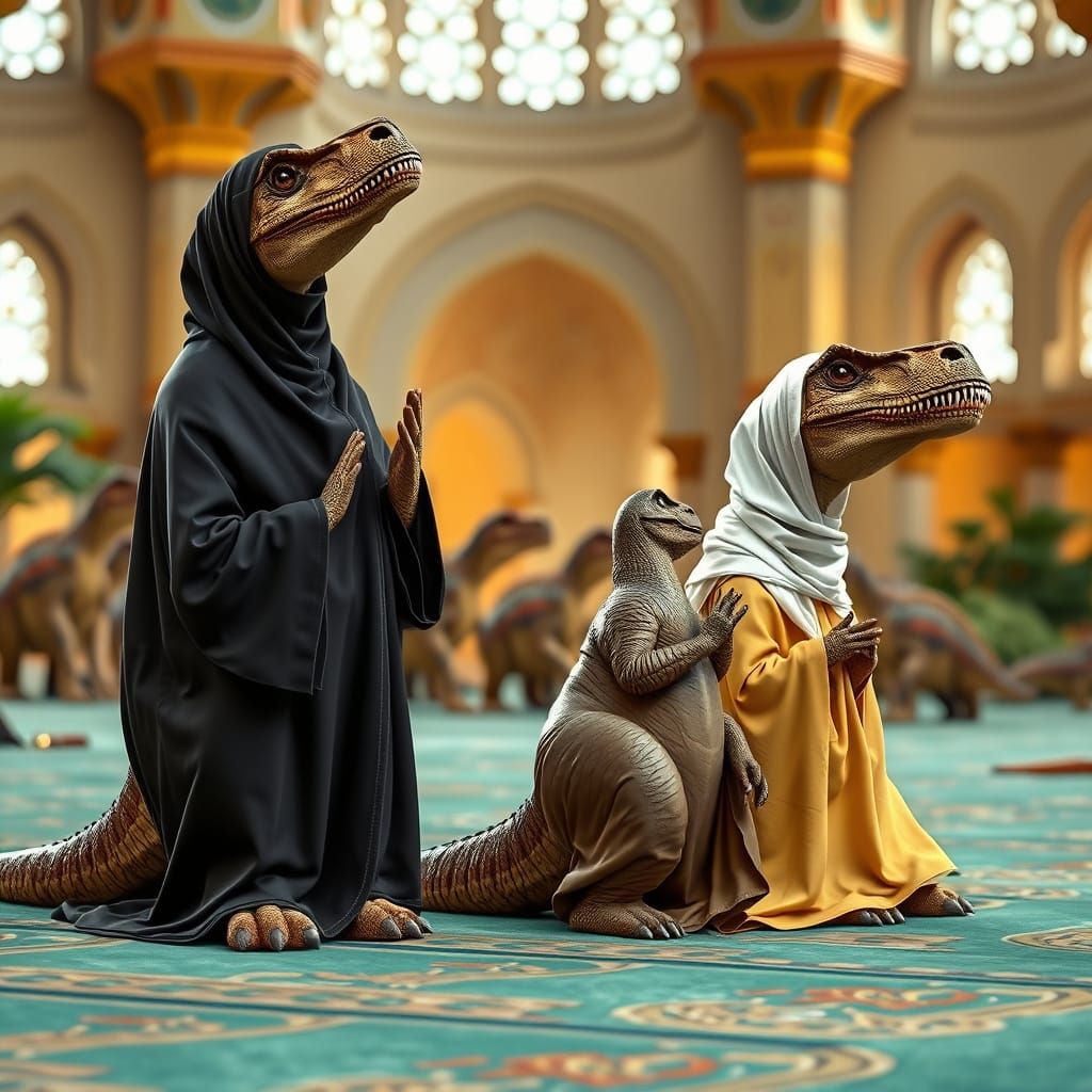 Dinosaurs in Prayerful Abaya and Hijab, Jurassic Mosque Scen...