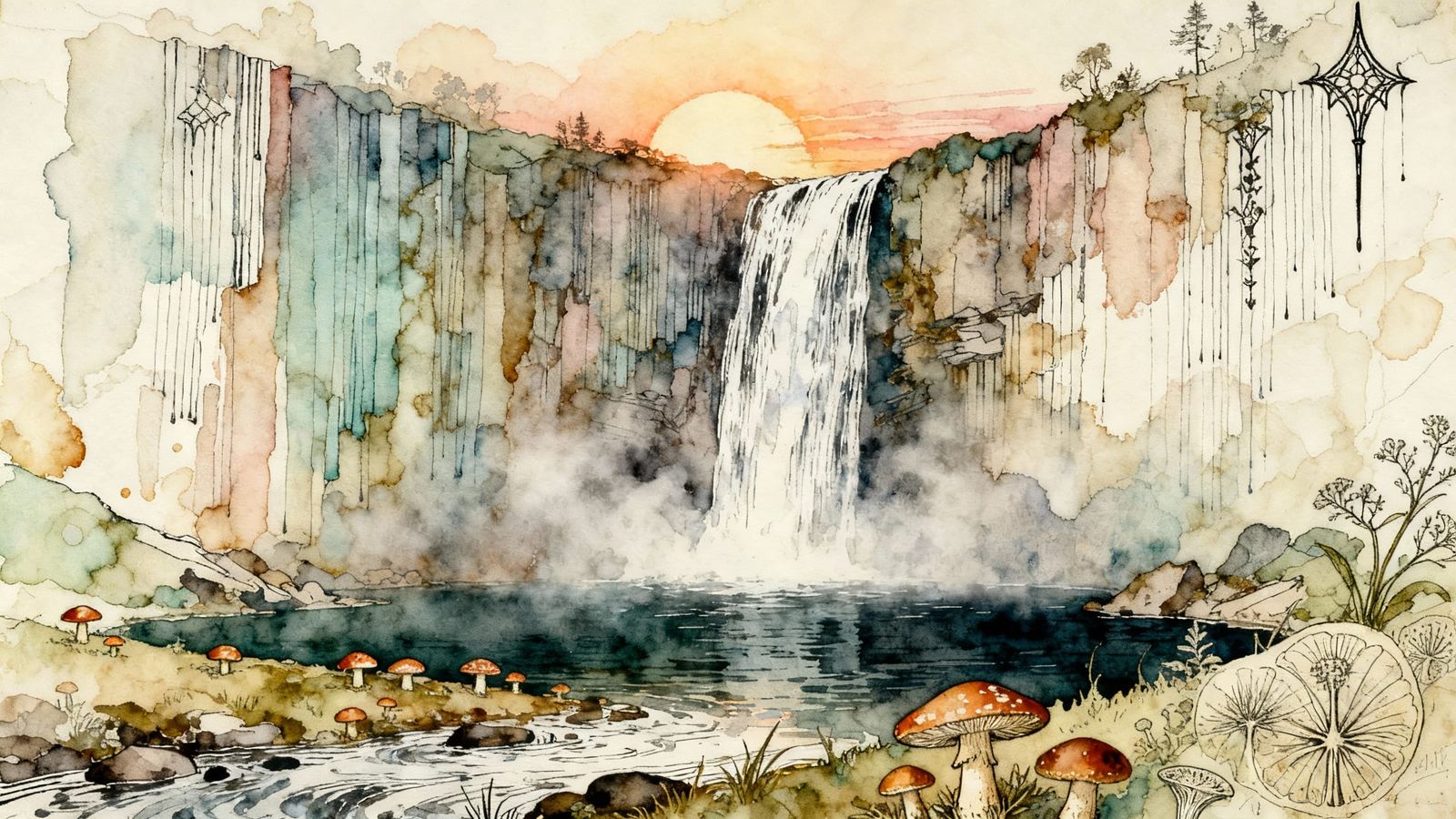 Misty Sunrise Waterfall and Mushrooms in Watercolor Style