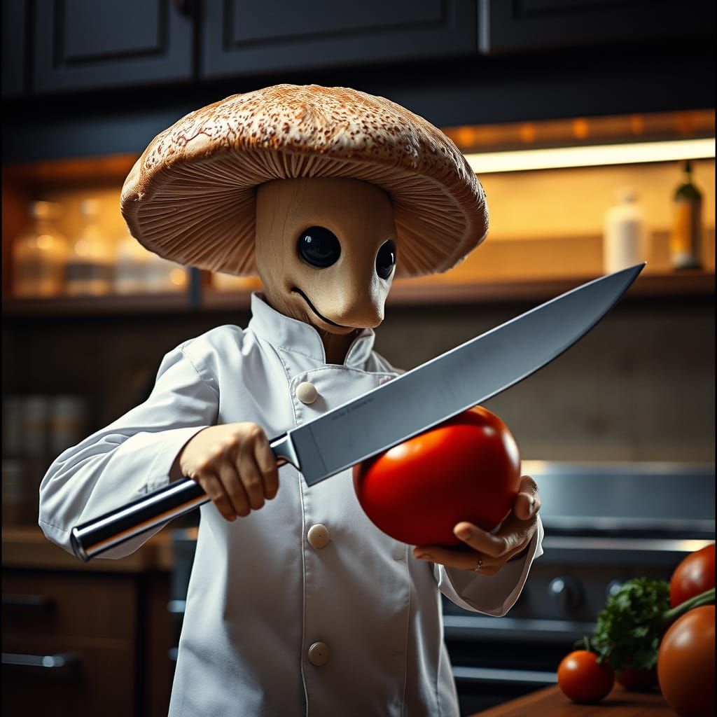 Fungal Chef Prepares a Gourmet Delight in a Cyberpunk Kitche...