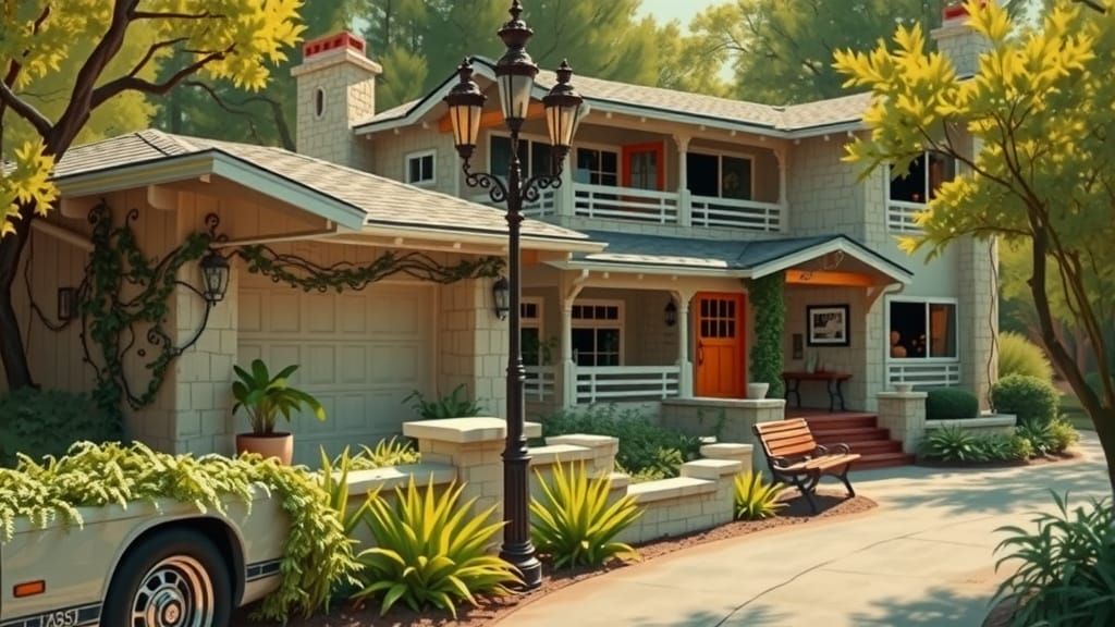 Quaint Mid-Century Home in Comic Book Watercolor Style