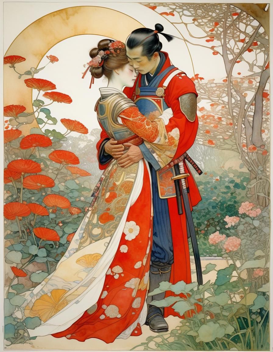 Noblewoman and Samurai Embrace: Art Nouveau Watercolor