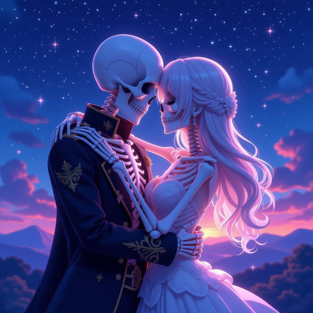 Two Skeletons Embrace Under Starry Night Sky