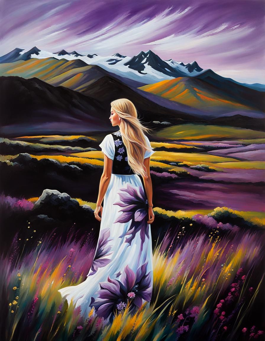 Woman in Icelandic Landscape, Acrylic Painting
