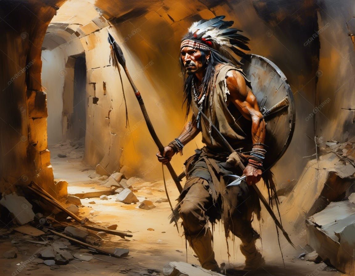 Post-Apocalyptic Apache Warrior in Oil Painting Style