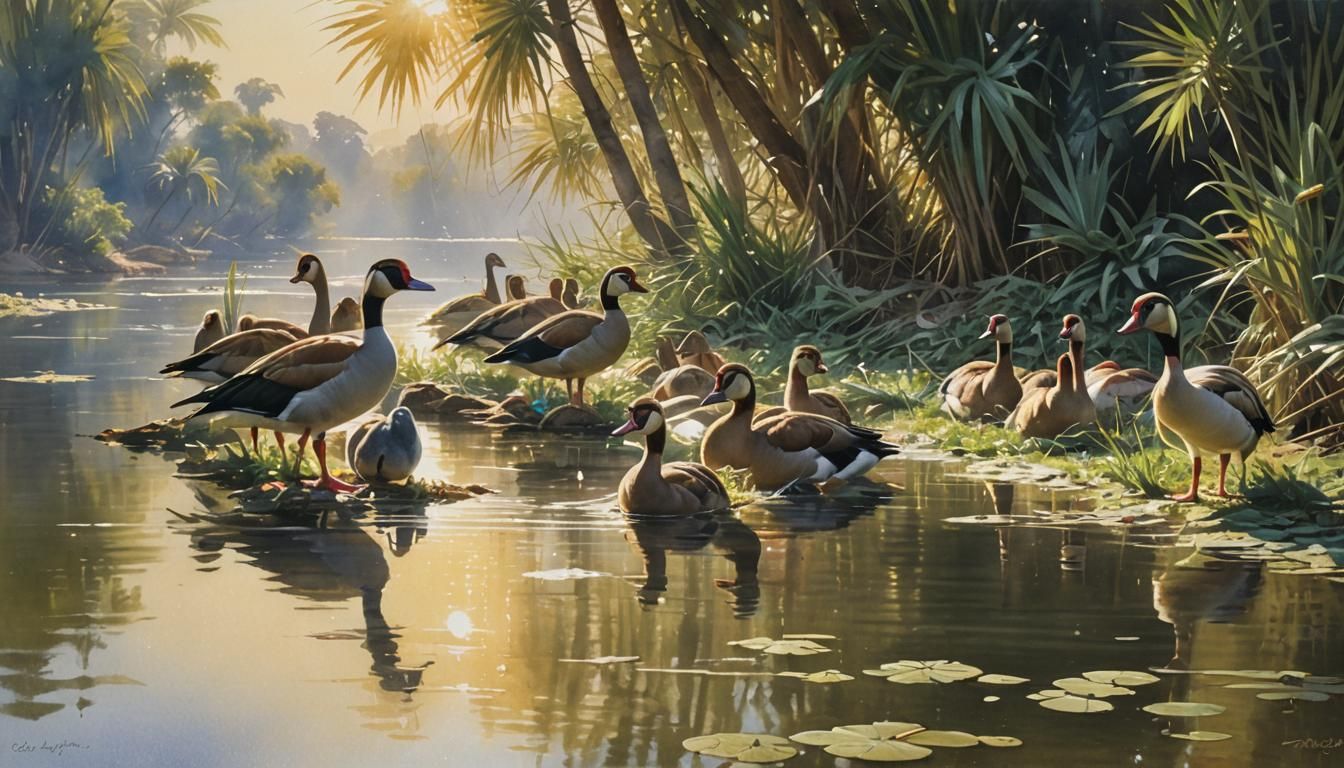 Egyptian Geese on Nile in Sunlight Watercolor