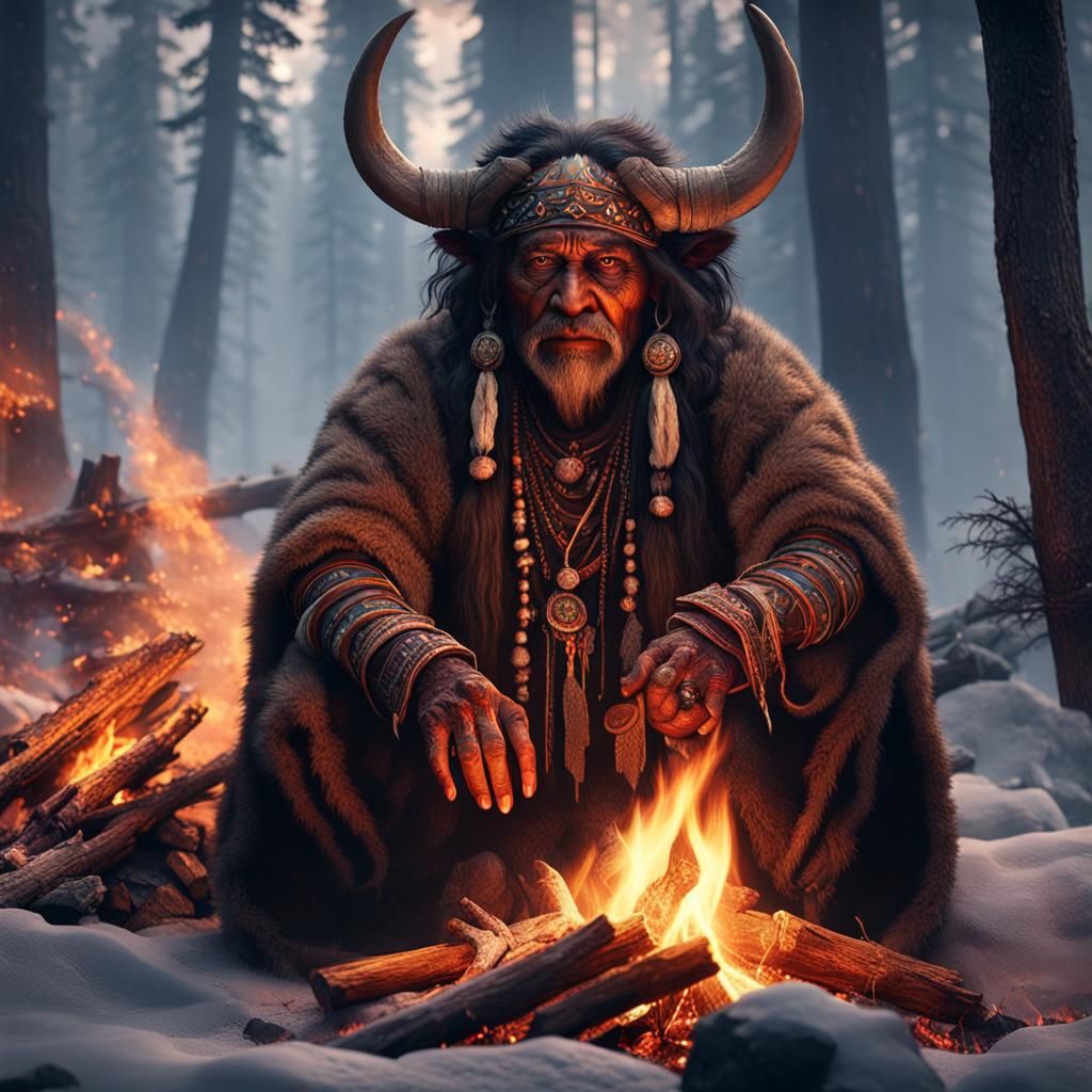 Indian Shaman Invokes Forest Spirits in Dark Fantasy Art