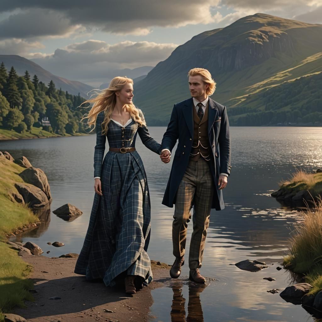 Scottish Lovers Walking by Loch Ness: Digital Art