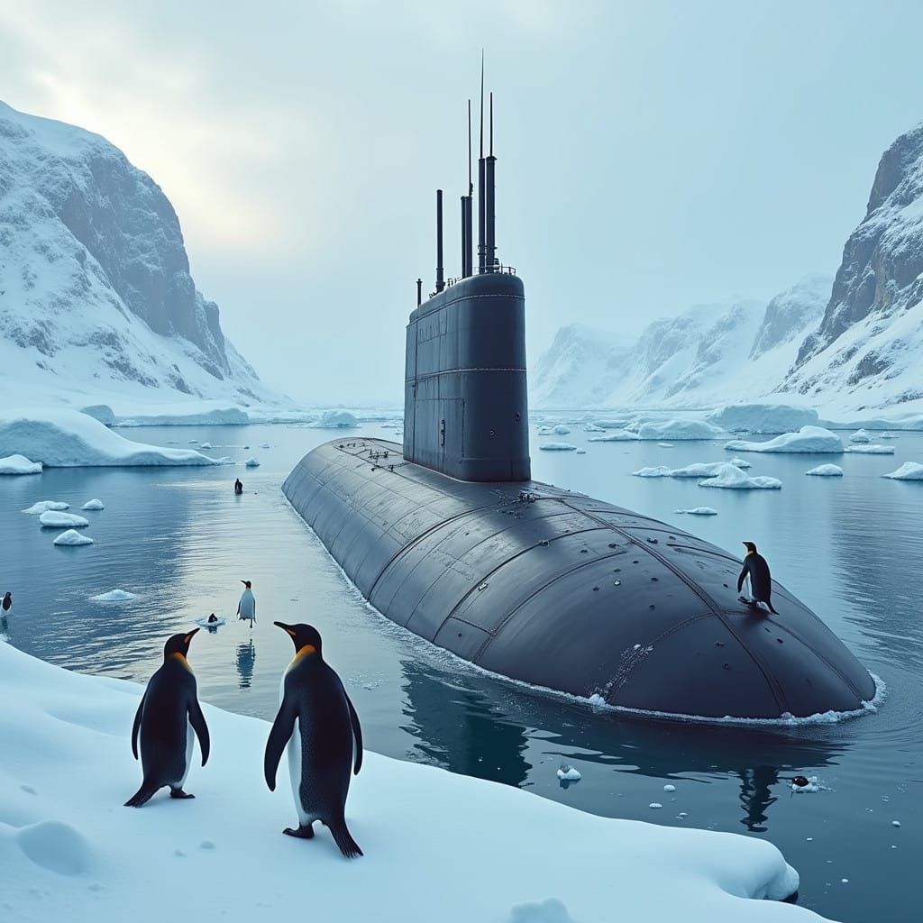 Poseidon-Class Submarine Surfaces in Arctic Ice, Penguins Sc...