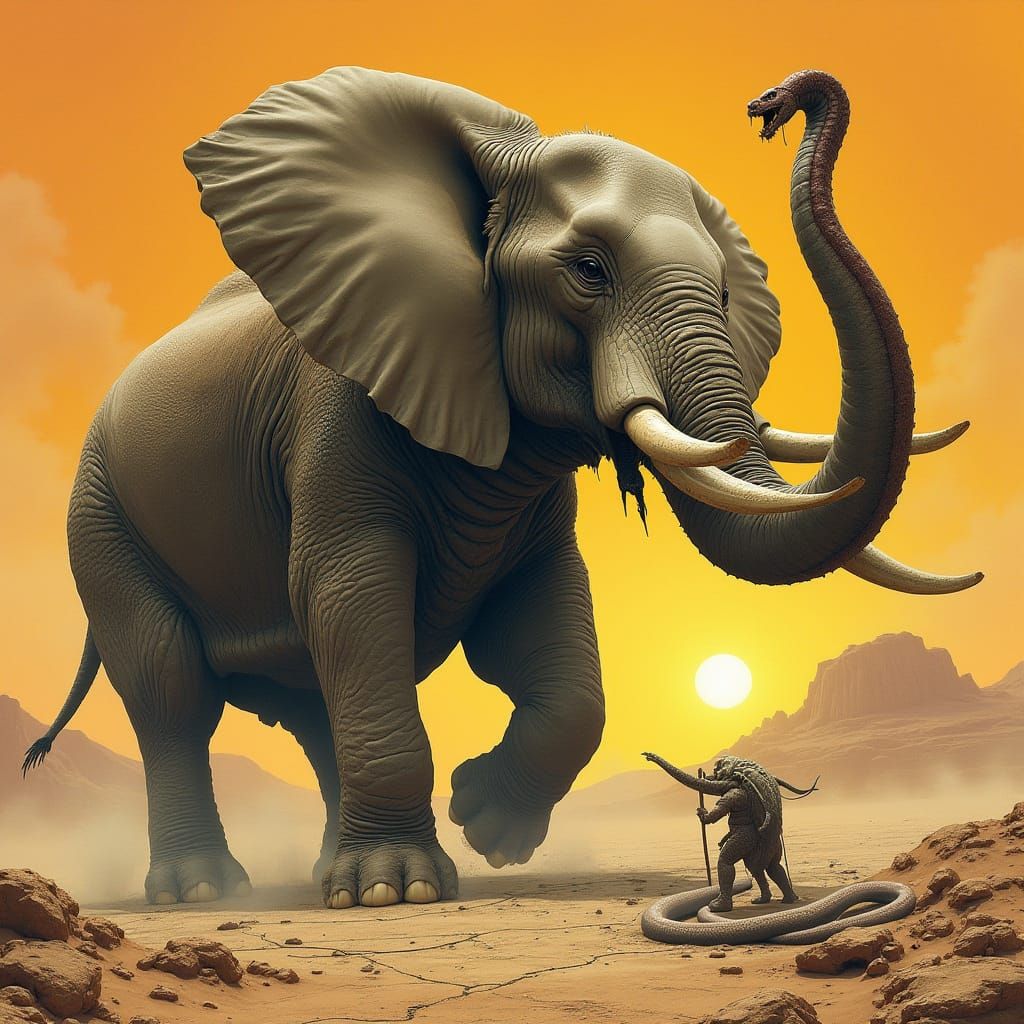 Gritty Post-Apocalyptic Elephant Battles Anaconda in Blazing...