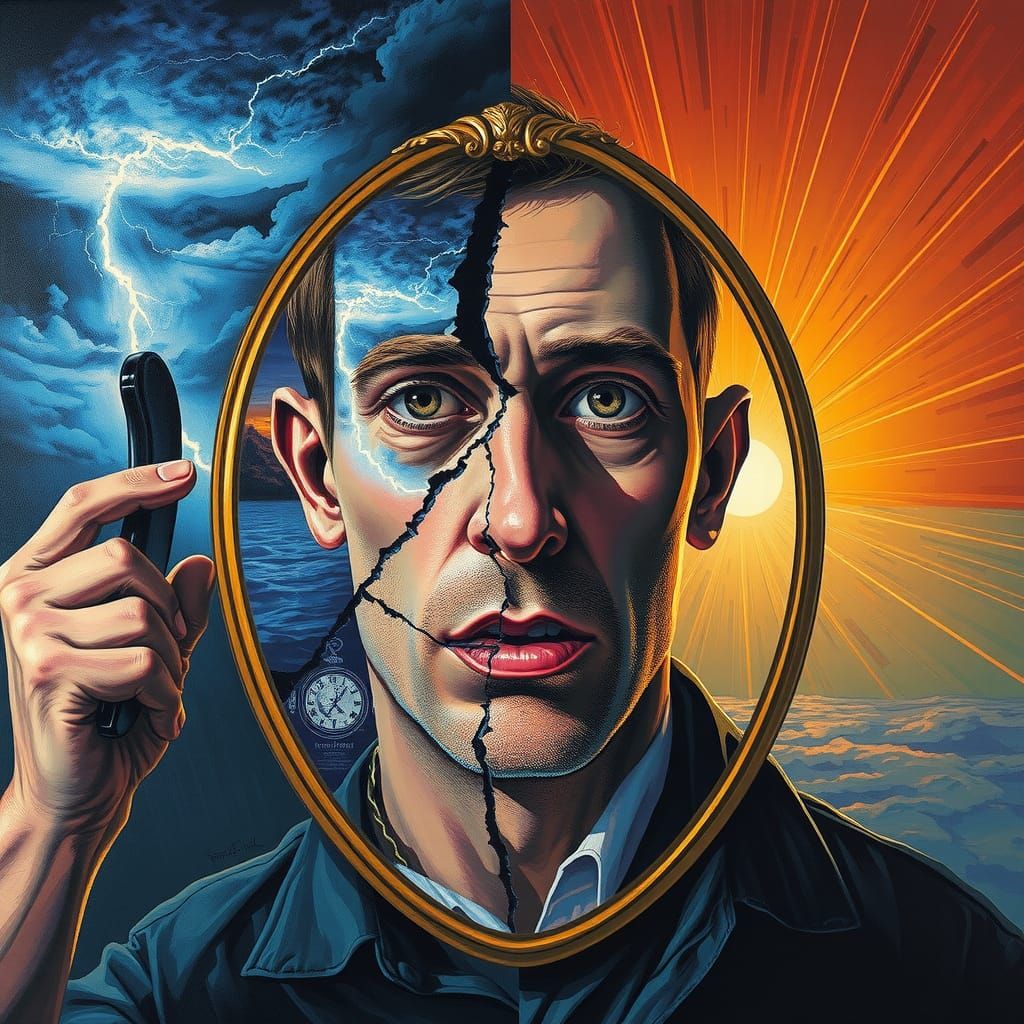 Distorted Man in Fractured Mirror: Surrealist Image