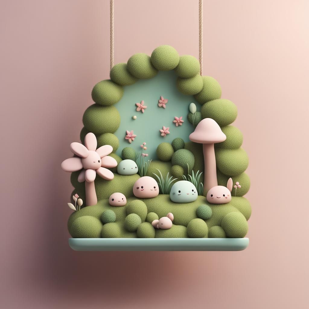 Clay Kawaii Moss Garden hanging from the wall.
