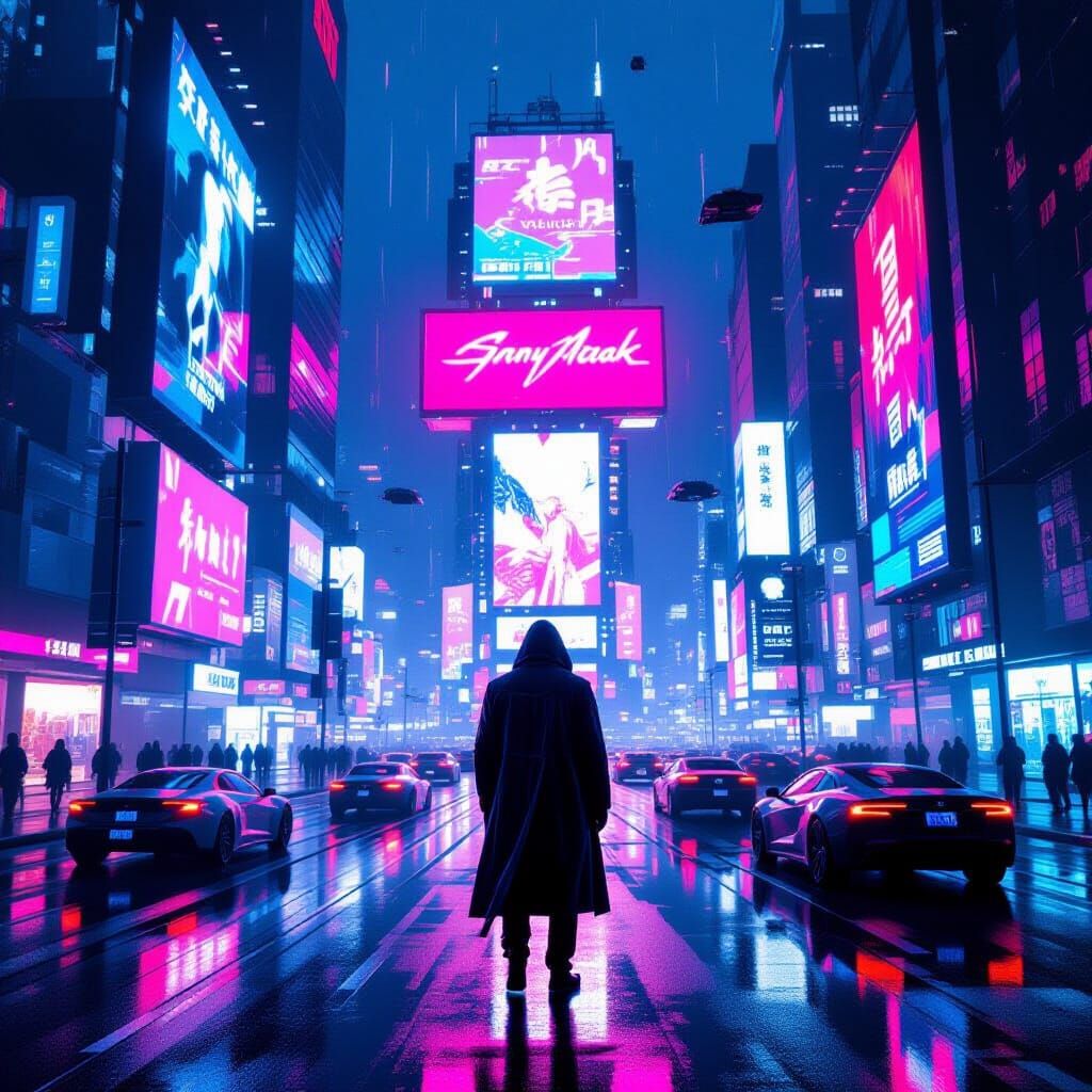 Cyberpunk Cityscape with Neon Lights and Flying Cars