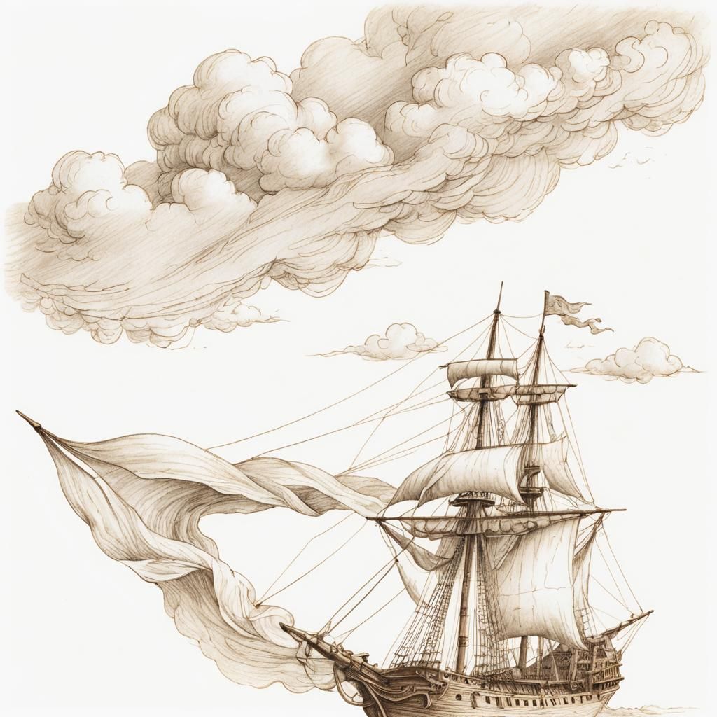 Renaissance Flying Ship in Soft Pencil Shading