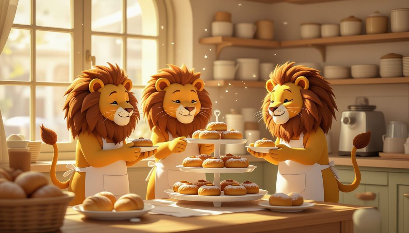 Whimsical Lions Bake Pastries in Cozy Bakery