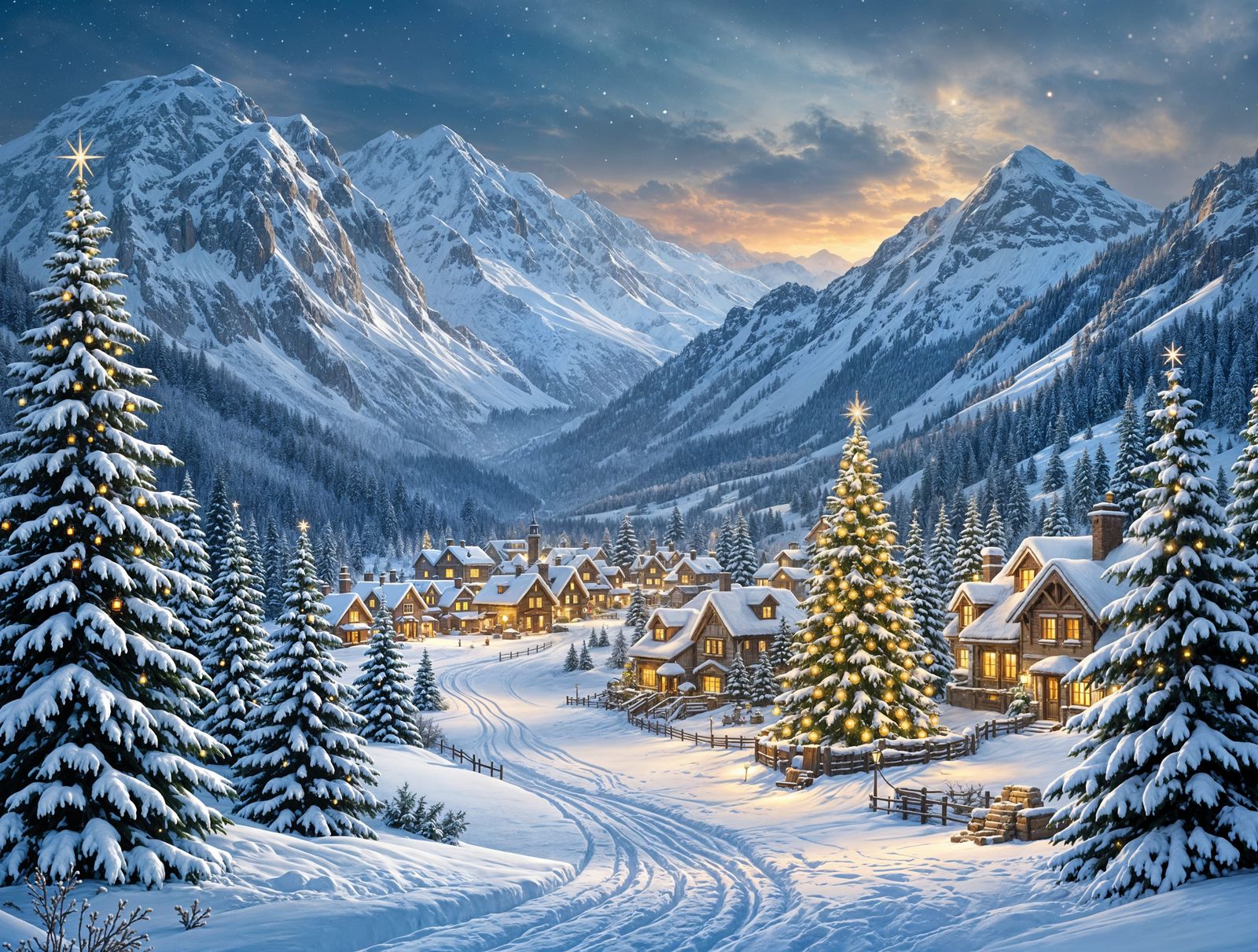 Picturesque Christmas Holiday Card of Mountain Village